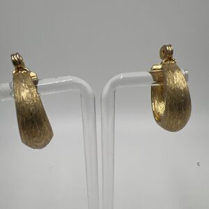 Vintage Monet Earrings Clip On Signed Brushed Gold Tone Chunky Half Hoop Classic